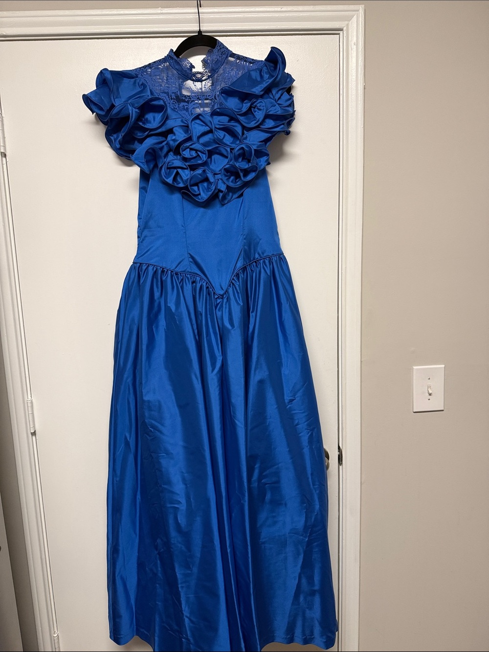 Vintage: Royal Blue Ruffle Neckline Formal Dress